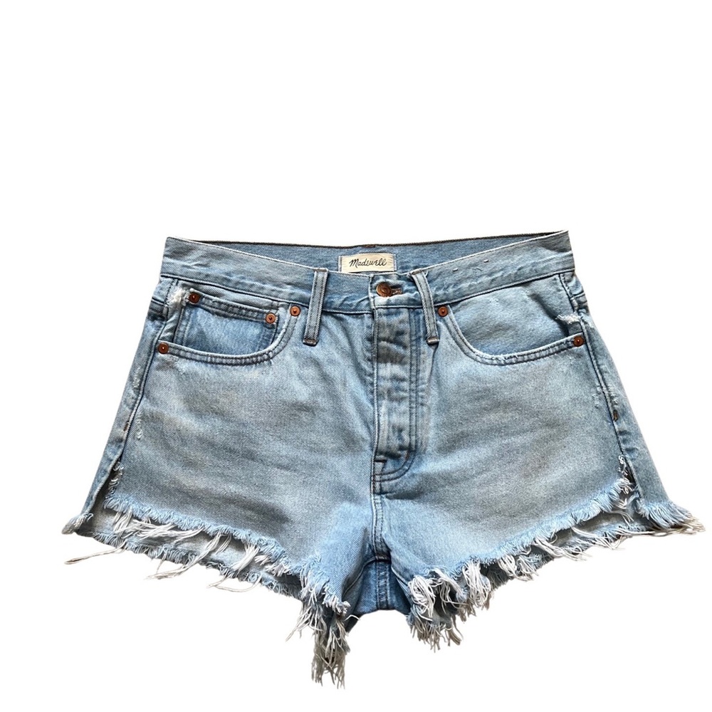 Madewell Relaxed Blue Jean Denim Shorts Jorts 27 Button Fly Distressed Raw Hem